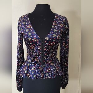 Women's Navy Floral Peplum Hook-and-Eye Top